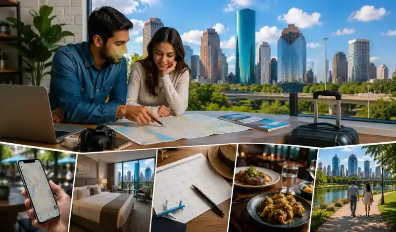 Travelers planning a Houston trip with maps, hotel reservations, dining, attractions, and a personalized sightseeing itinerary.